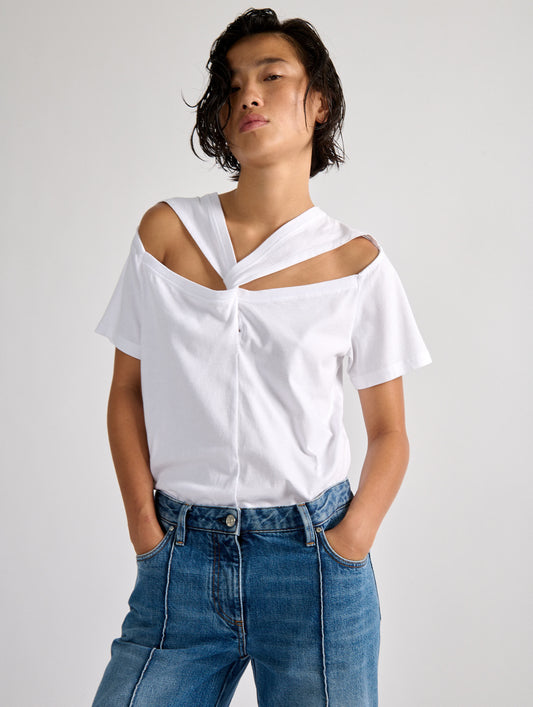 White cotton jersey tee-shirt with draped neckline