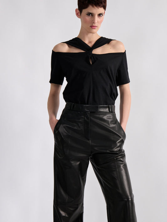 Black cotton jersey tee-shirt with draped neckline