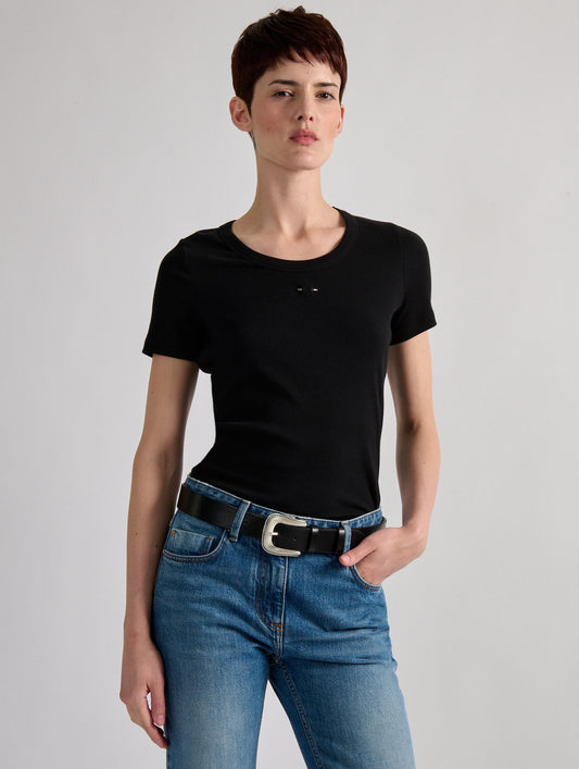 Black cotton jersey tee-shirt with draped neckline