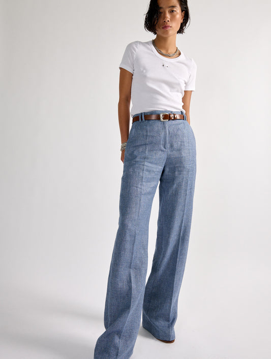 Pantalon droit en toile lin et coton bleue