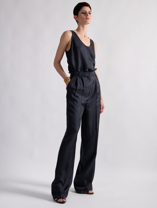 Tennis stripe print silk twill high-waisted pleated trousers
