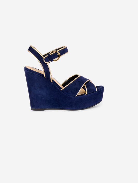 wedge sandals in gold-trimmed navy suede