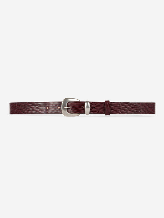 thin burgundy lizard skin belt