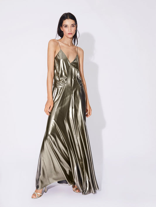Long gold lamé narrow strap dress 