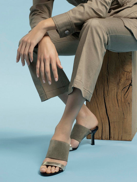 Gold leather and linden green suede heeled mules 