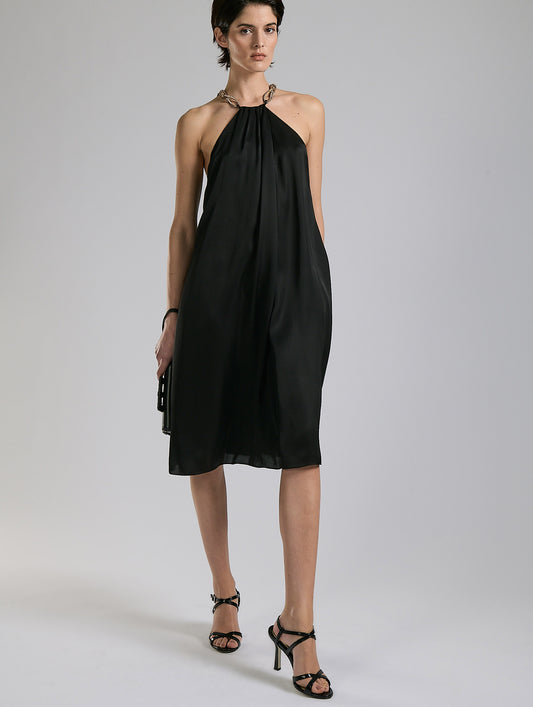 Black lightweight viscose satin trapeze dress