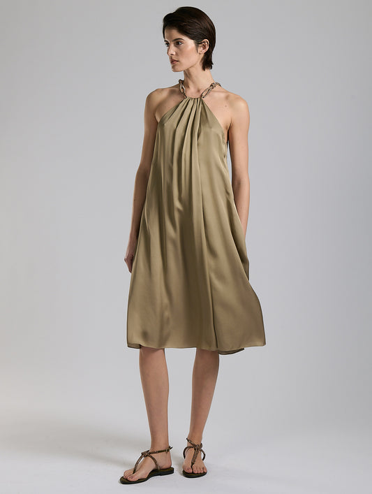 Sand lightweight viscose satin trapeze dress