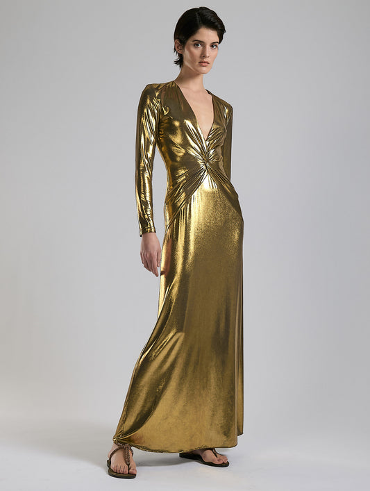 Gold metallic jersey maxi dress