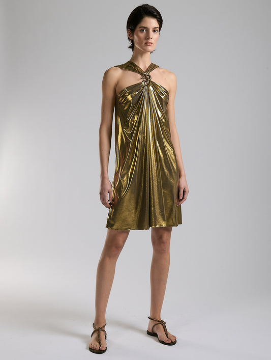 Gold metallic jersey short dress with crossover neckline
