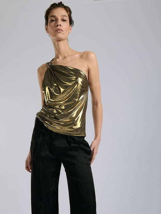 Asymmetrical top in gold metallic jersey