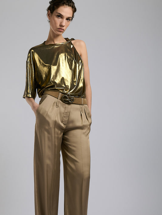 Gold metallic jersey drape tee-shirt